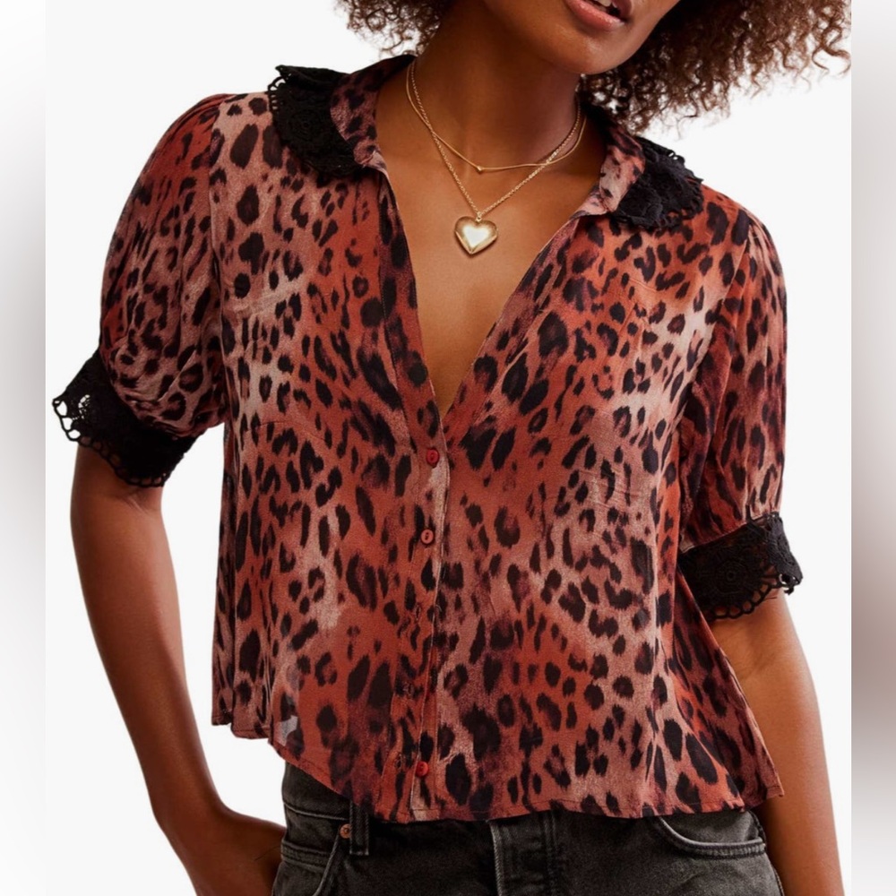 Free People Animal Print Blouse in Brown and Black